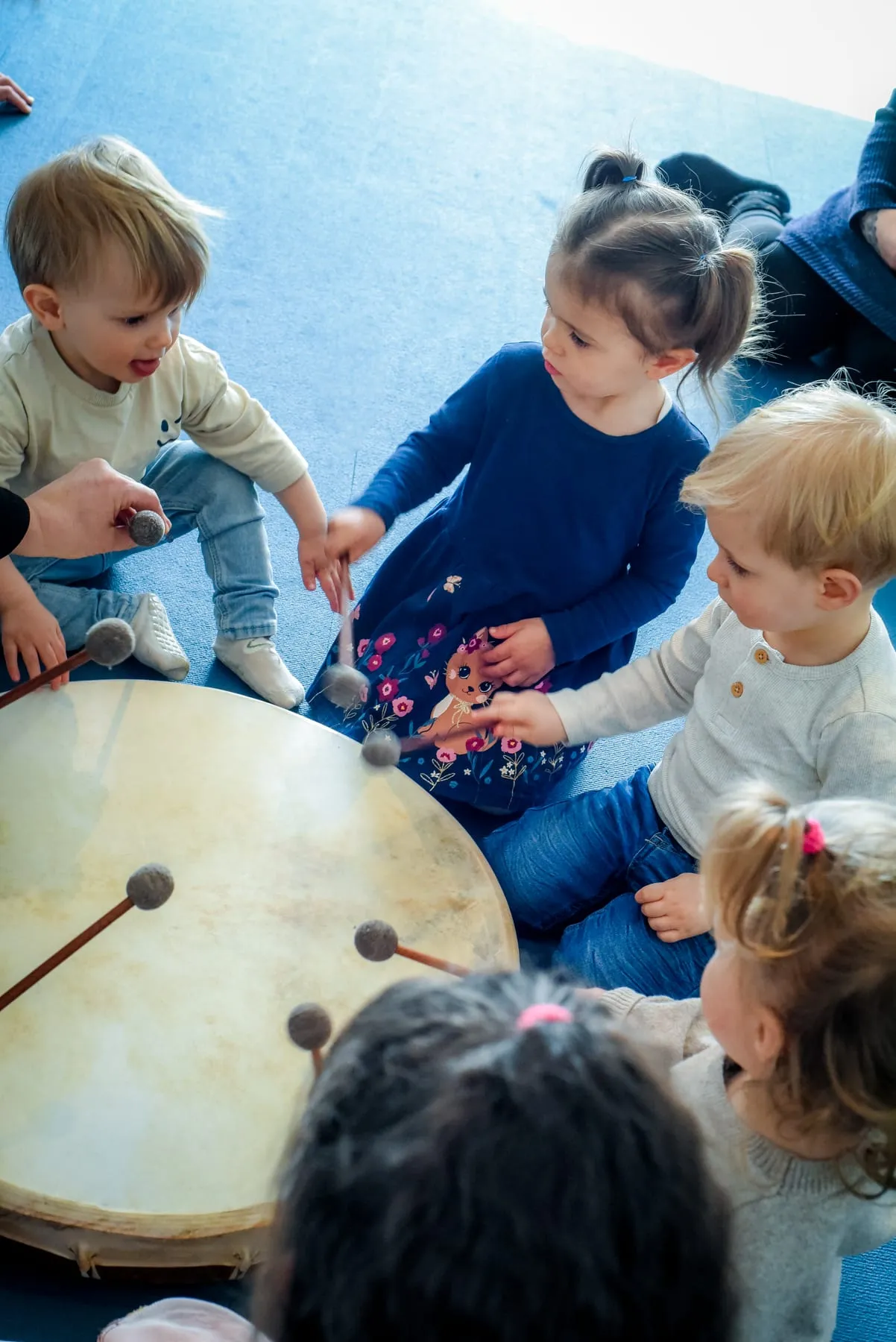 Fünf Kleinkinder sitzen um eine große Rahmentrommel und schlagen mit Filzschlägeln darauf, eine Erwachsenenhand spielt mit, von oben fotografiert